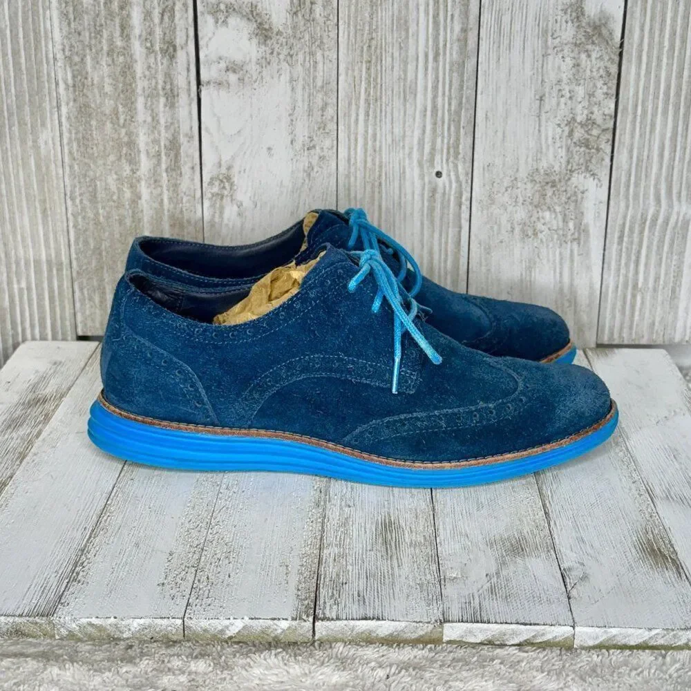 Cole Haan Lunargrand Blue Suede Wing Tip Oxfords Shoes Size 7 B